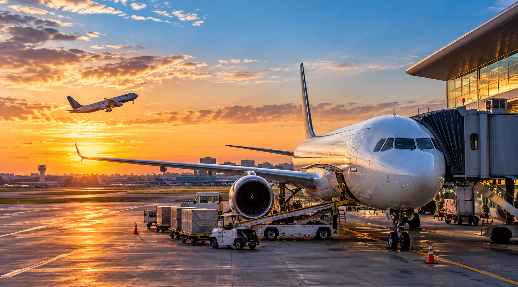 Commercial airplane at an airport during sunset